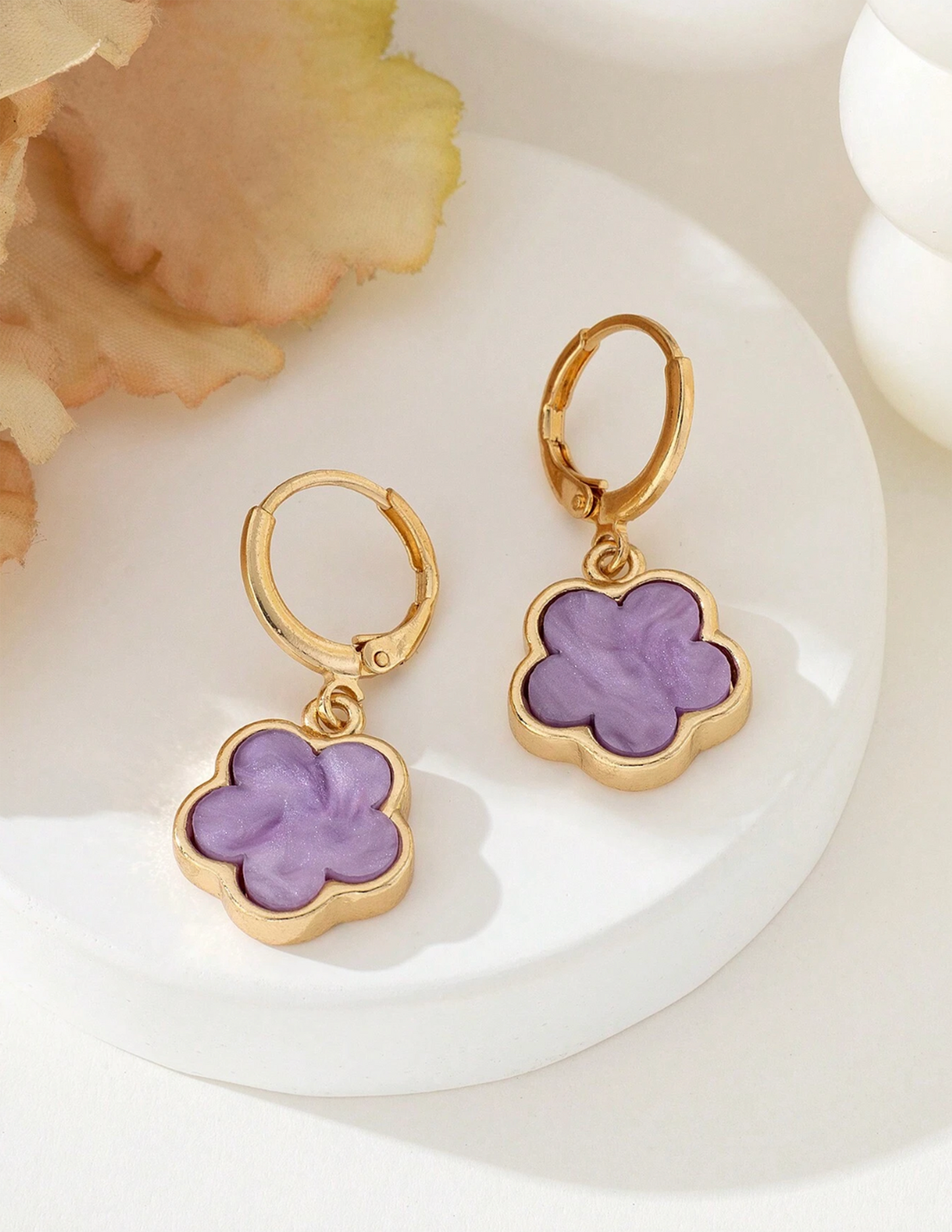 Purple Flower Huggie Hoops