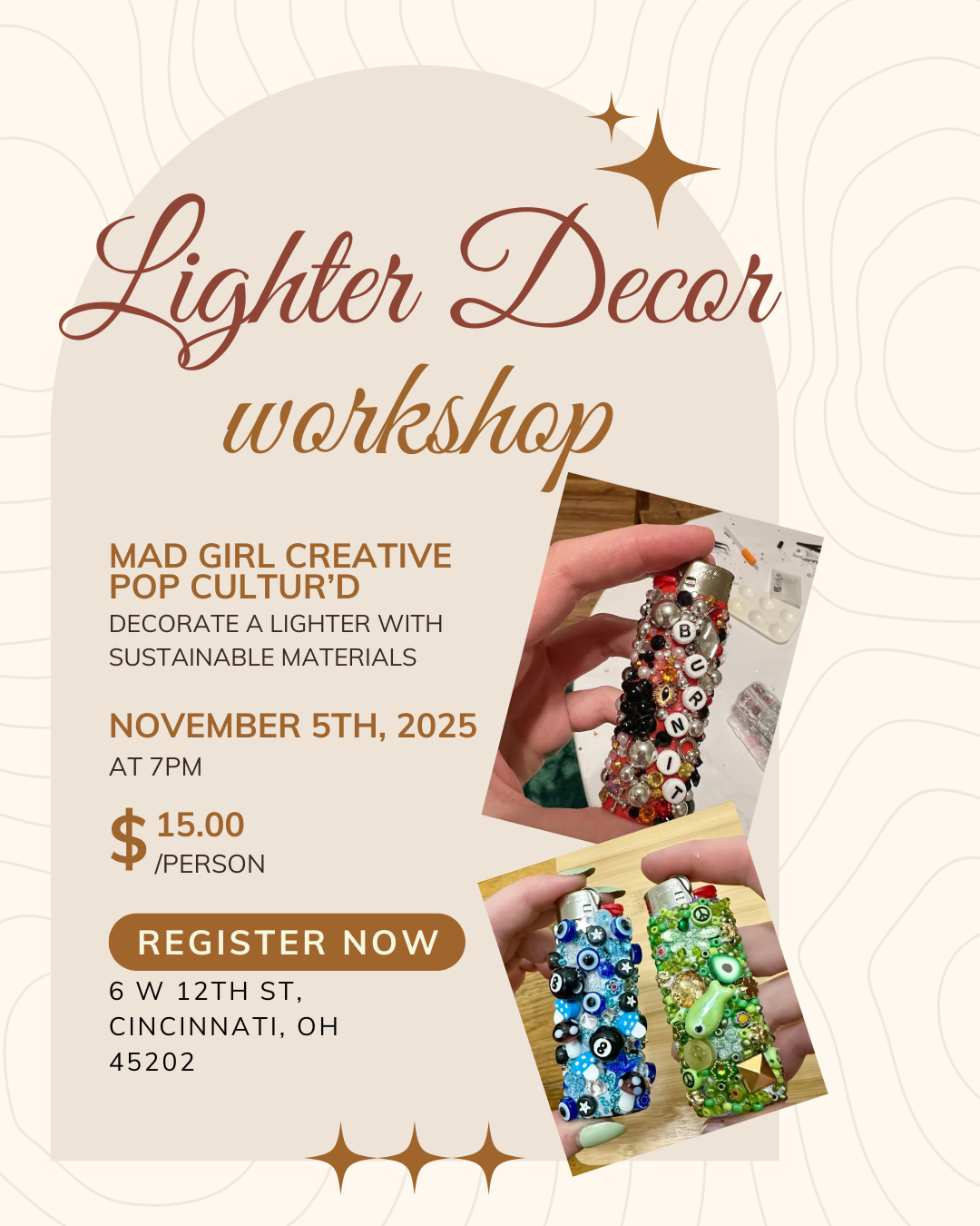 Advertisement for a 'Lighter Decor' workshop with images of decorated lighters.