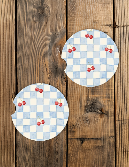 Checkerboard Cherries Car Coaster Set