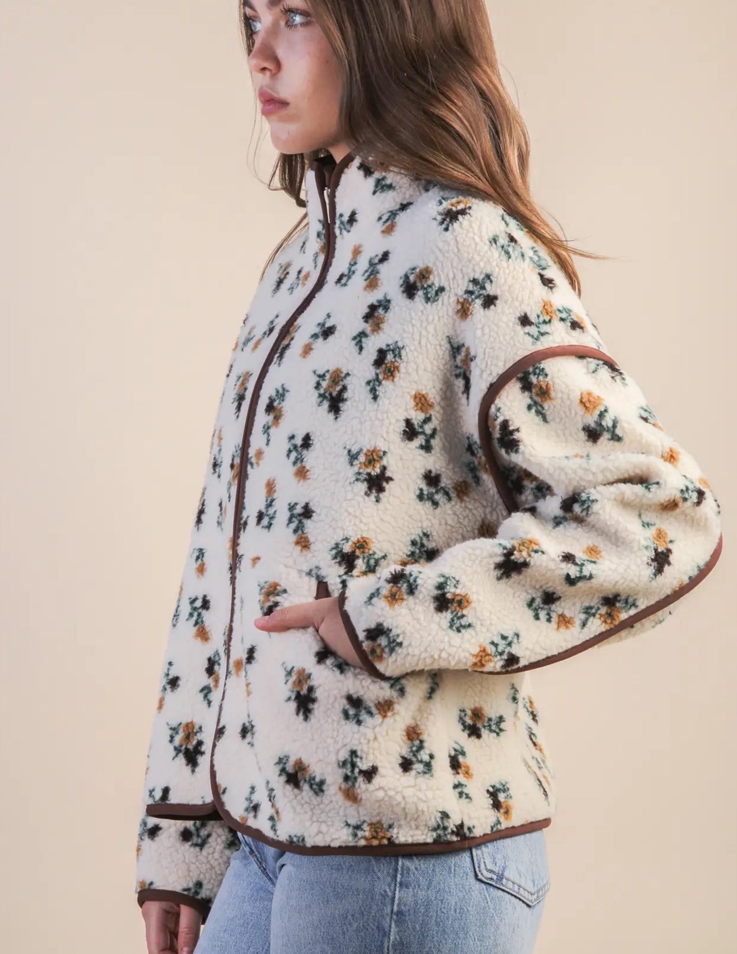 Cream Floral Fleece Jacket
