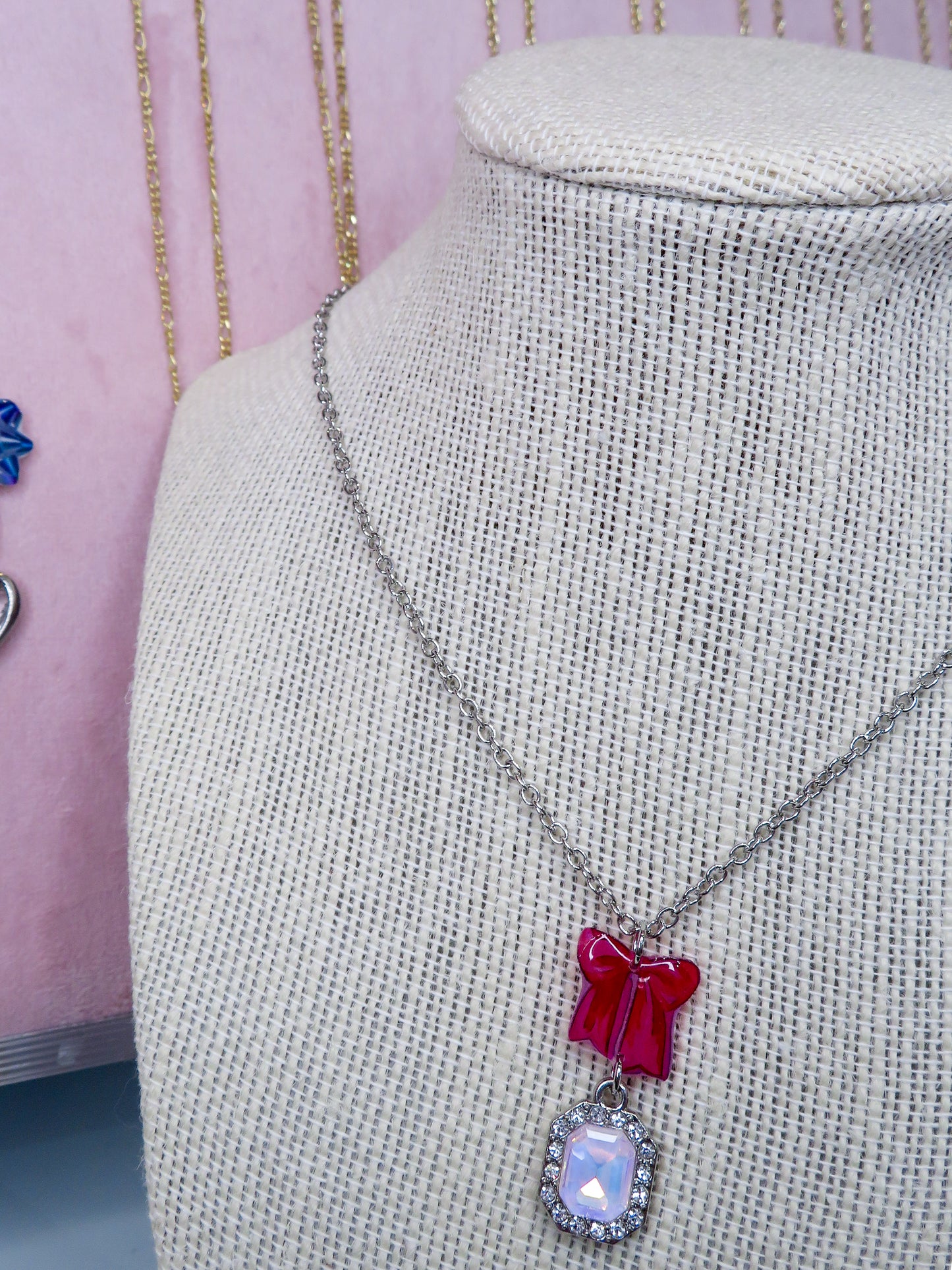 Pink Bow Pendant Charm Necklace