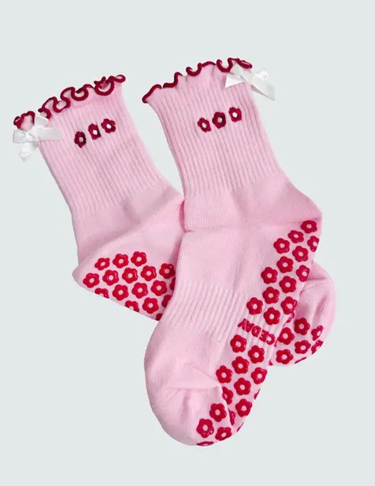 Pink Bow Ruffle Grip Socks