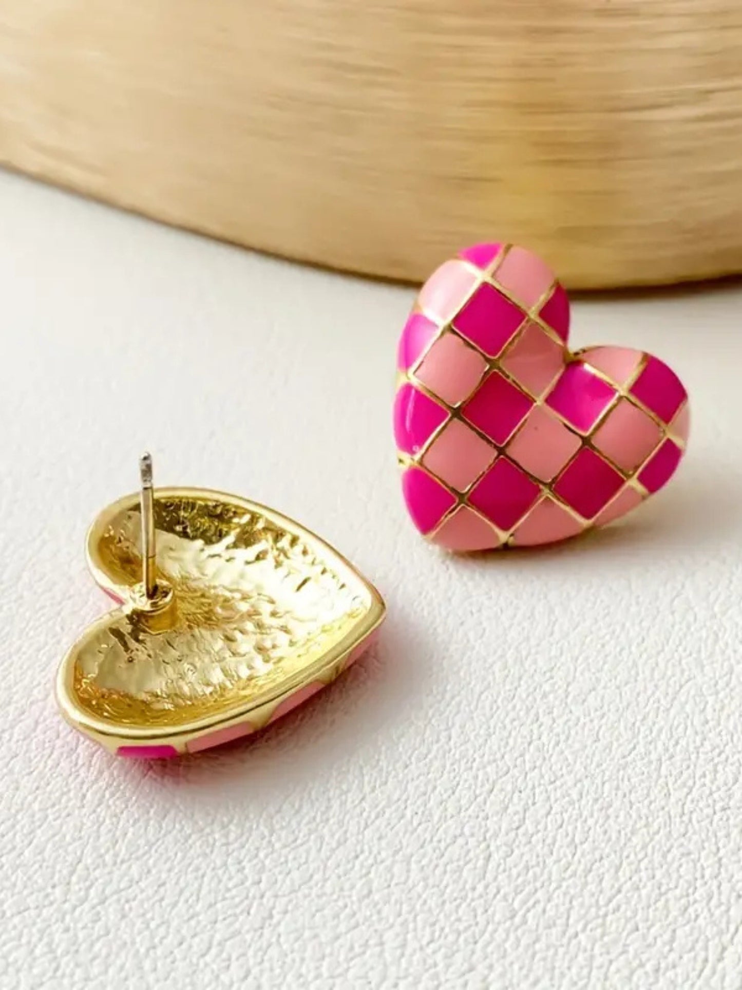 Pink Checkered Heart Studs