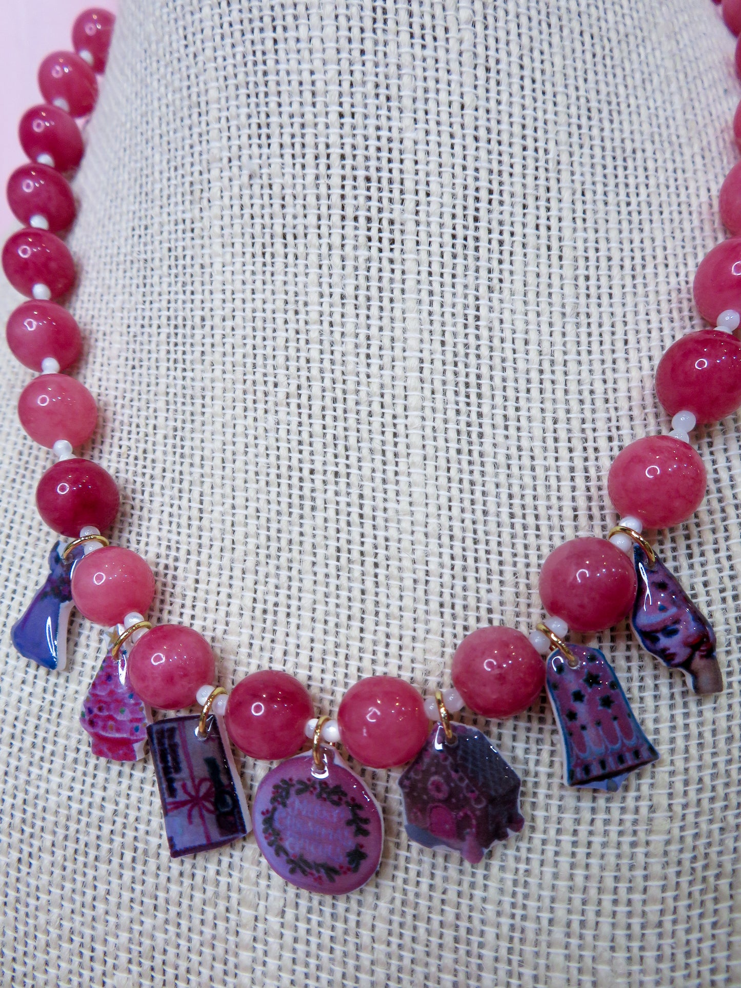 Pink Christmas Beaded Charm Necklace