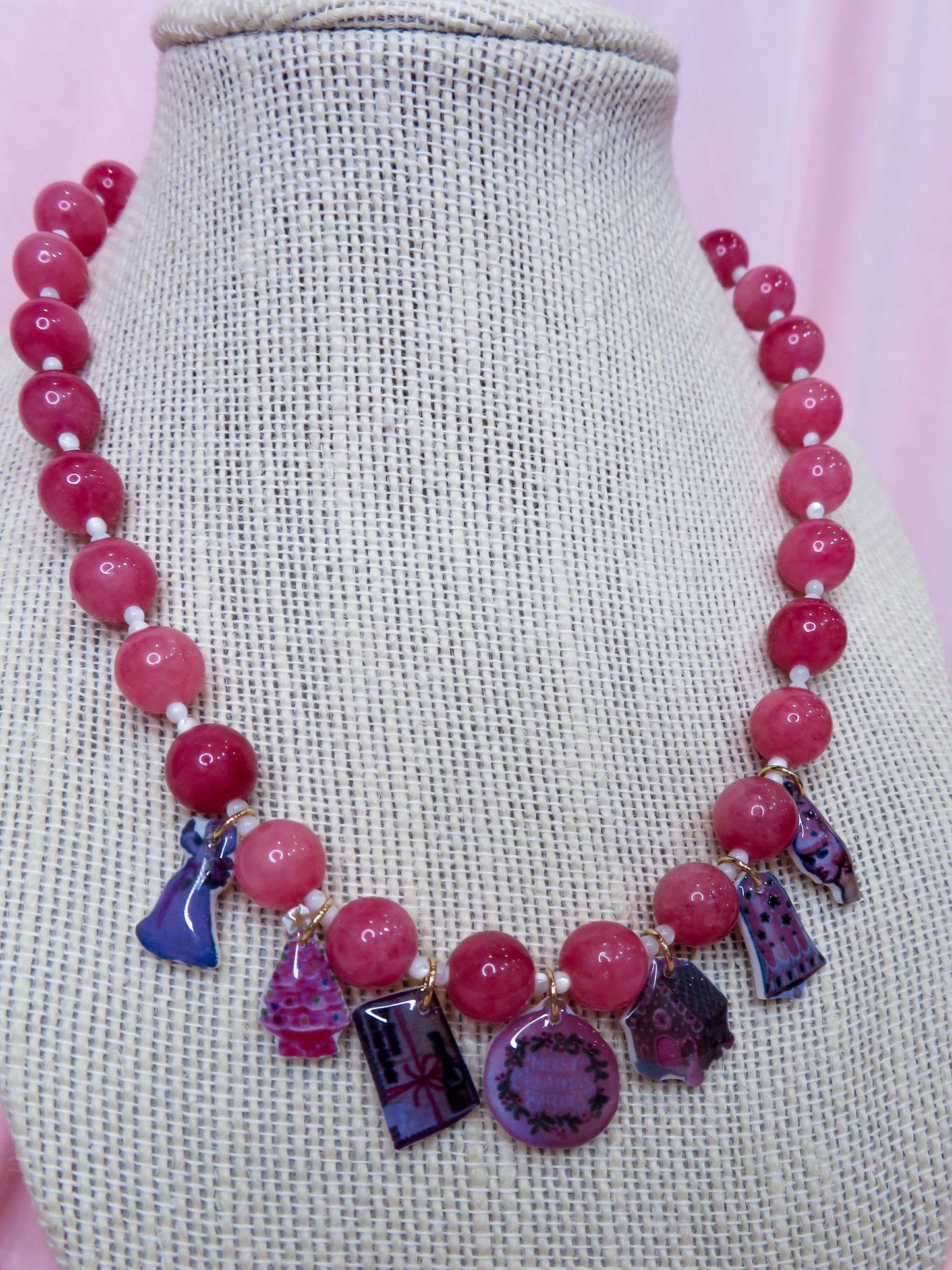 Pink Christmas Beaded Charm Necklace