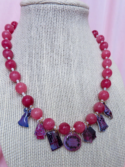 Pink Christmas Beaded Charm Necklace